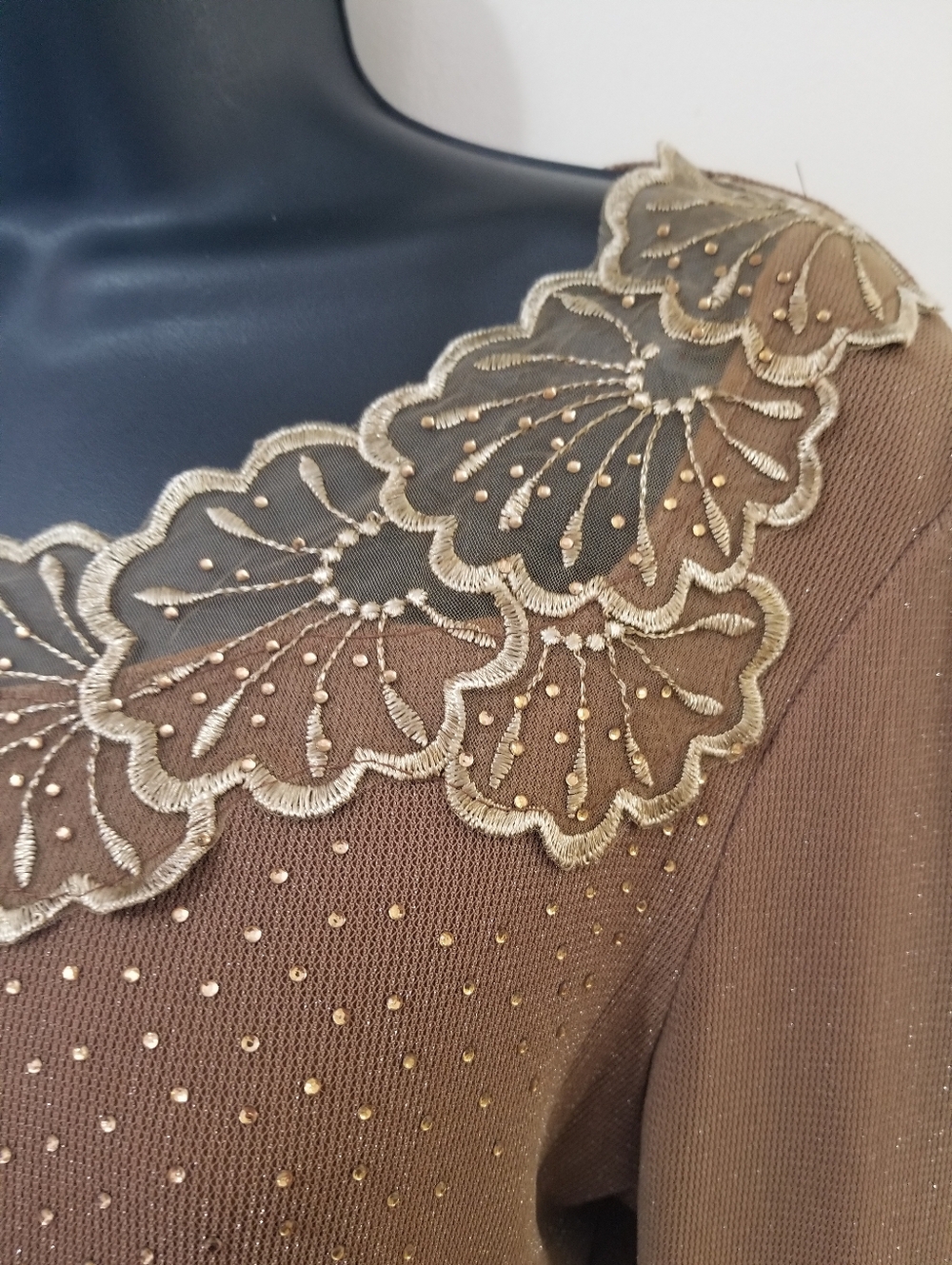Taupe Beaded Lace Neck Top | Embellished Soft Glam Blouse XL Neutral
